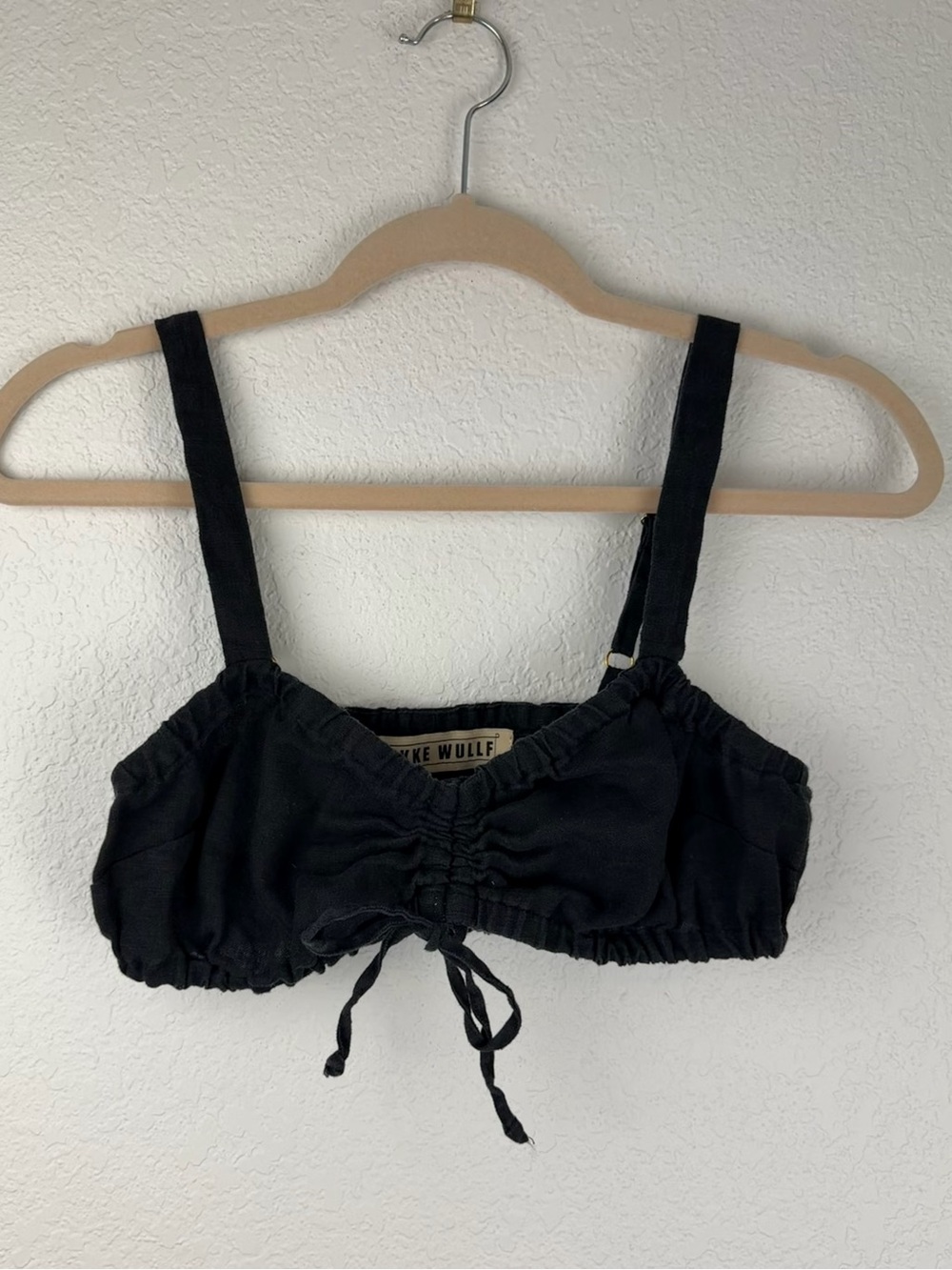 Lykke Wullf Linen Crop Top Tie Drawstring Black Small